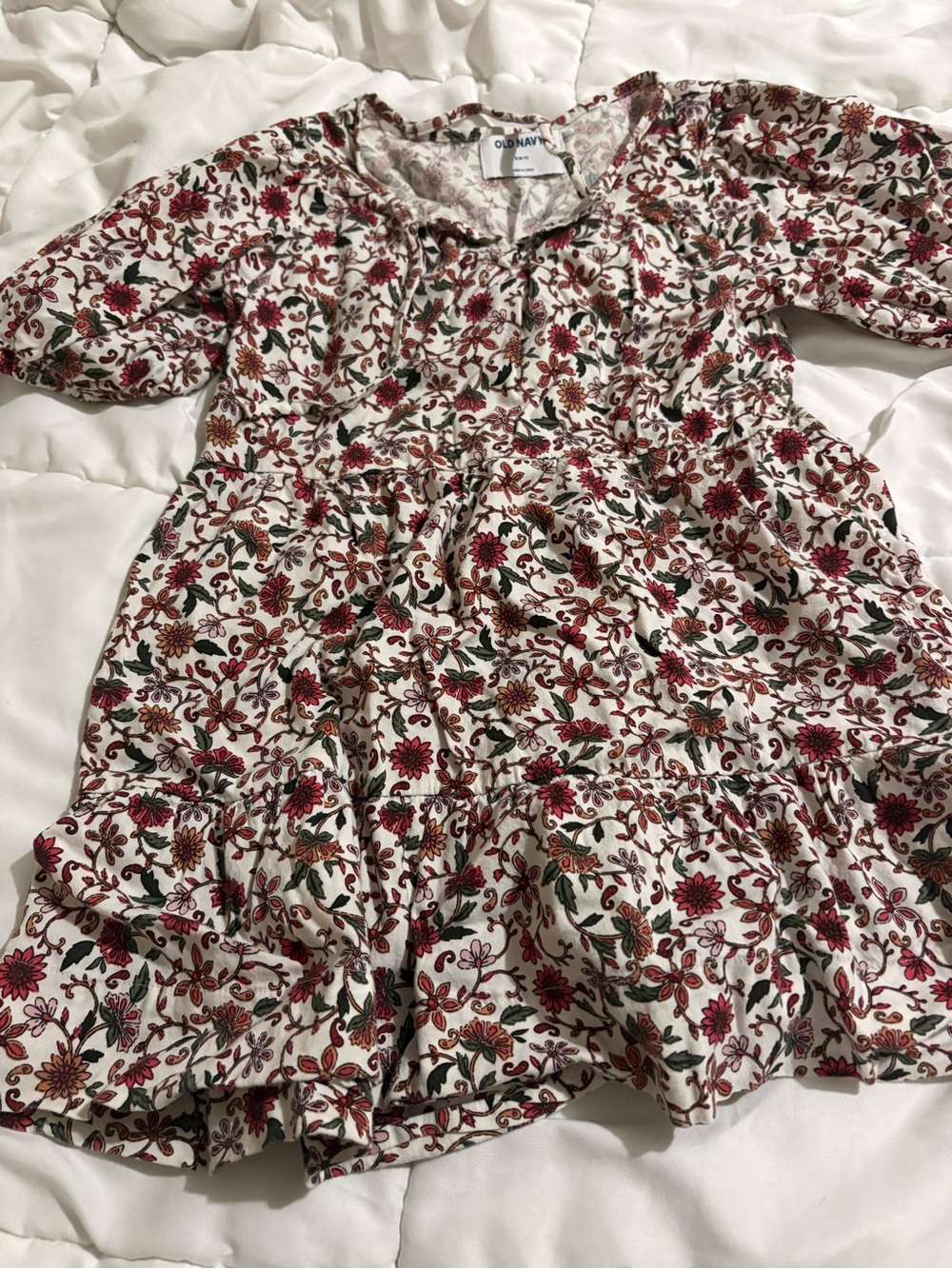 Old Navy Floral Tiered Dress - Cream with Red & Green Print